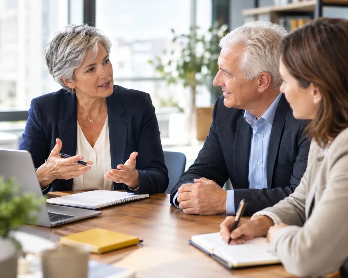 Une manager de transition expérimentée échange avec deux dirigeants autour d’une table de travail