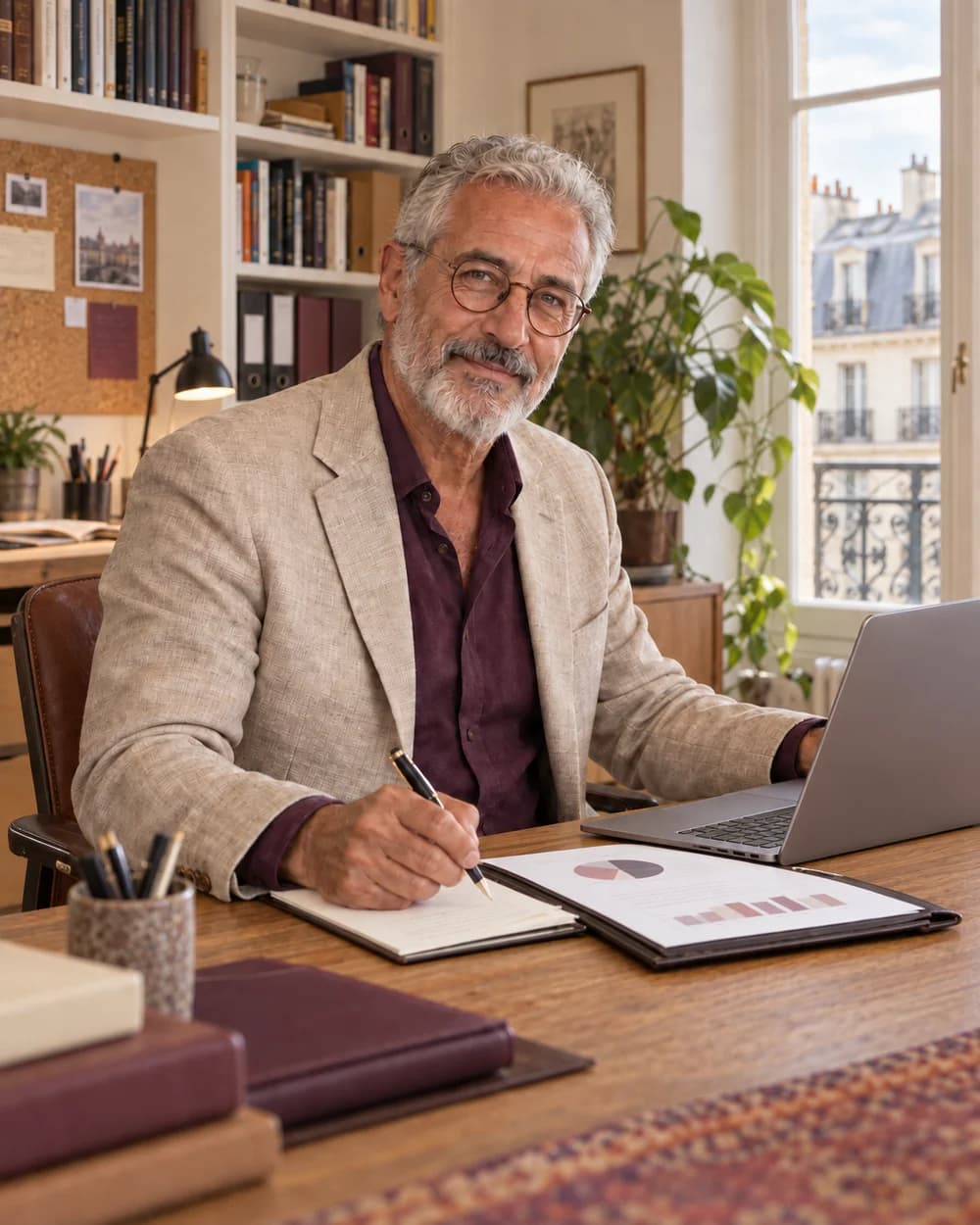 Un consultant expérimenté dans son bureau à domicile, ordinateur et étude de cas sur son bureau